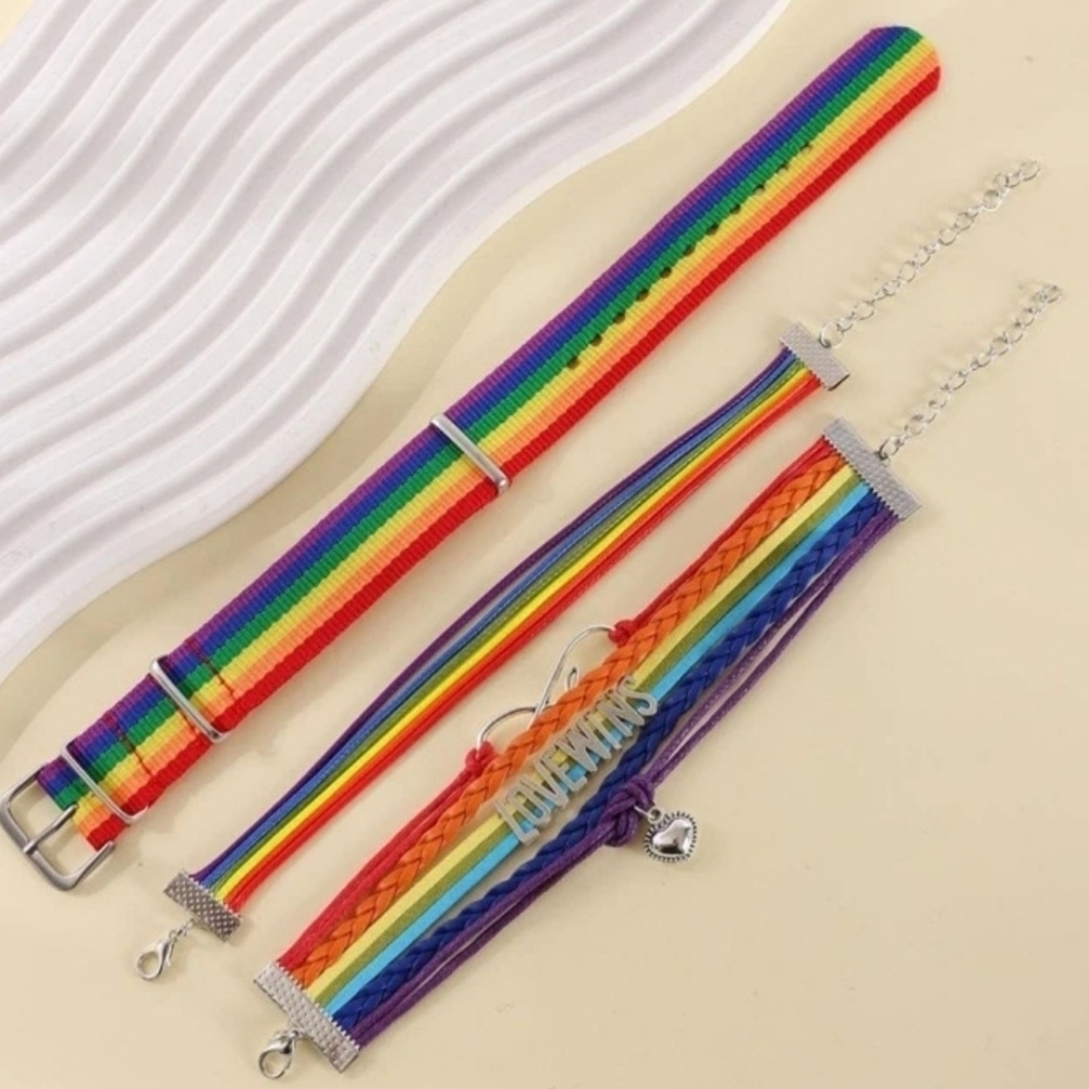 Hand Crafted Rainbow multicolored bracelets Set of 3 LGBTQIA+ Pride Adjustable - Picture 6 of 7